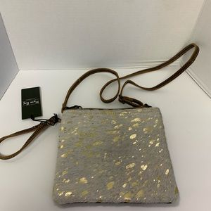 Myra Bag, whitish cow hair with gold, brown w/ regular strap and wristlet strap